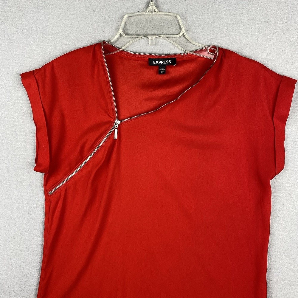 Express Red Satin Zip Top XS Short Sleeve Casual Business Lightweight Blouse